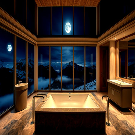 Bathroom with a view of the mountains. 3D renderingの写真素材