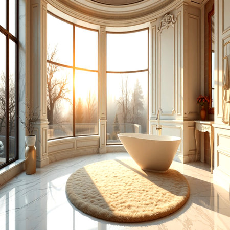 Interior of modern bathroom with white walls, tiled floor, comfortable bathtub and big window with sunlight. 3d renderingの写真素材