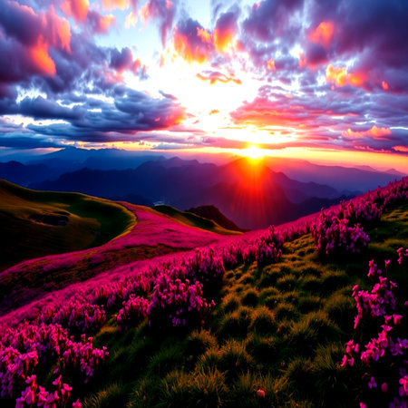 Sunset in the mountains. Beautiful summer landscape with pink flowers.の写真素材