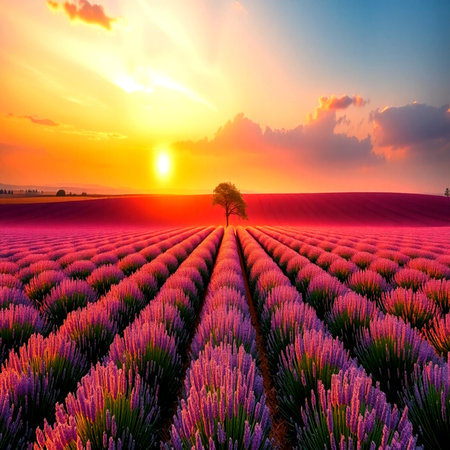 Sunset over lavender field in Provence, France.