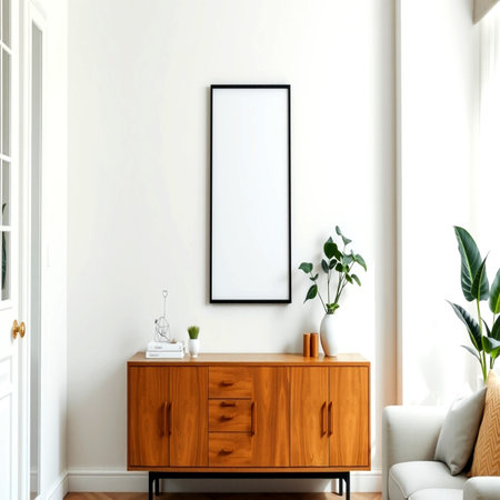 Mock up poster frame in modern living room interior, 3d renderの写真素材