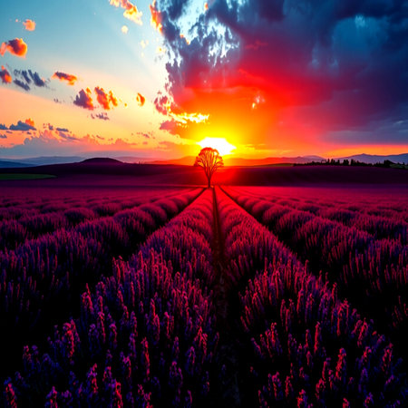 Sunset over lavender fields in Provence, France.