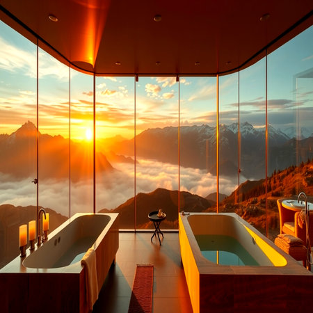 Bathroom interior with panoramic view of the mountains and clouds.