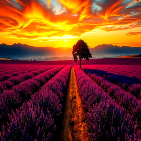 Lavender field sunset in Provence, France, Europeの写真素材