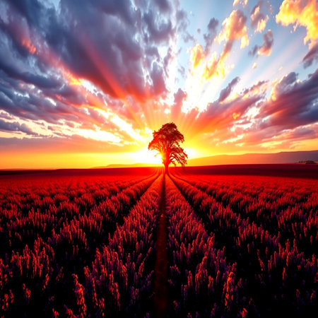 Lonely tree on lavender field at sunset. Beautiful summer landscape.