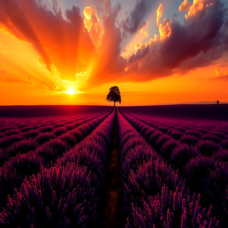 Lavender field with lonely tree at sunset. Provence, France.