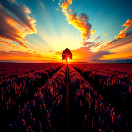 Lonely tree in the field at sunset. Tuscany, Italy