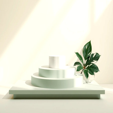 3d render of white podium with green plant in a room with sunlightの写真素材