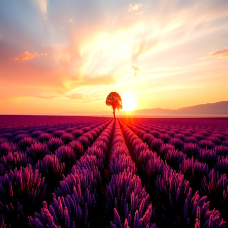 Lavender field at sunset. Beautiful landscape with lonely tree and purple flowers.の写真素材