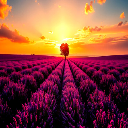 Sunset over lavender field in Provence, France.の写真素材