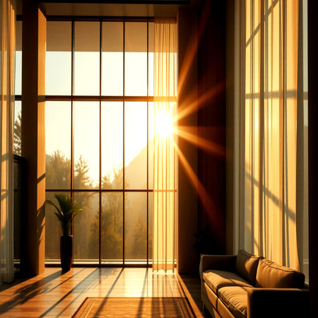 Sunset in the interior of the room with a sofa and a window