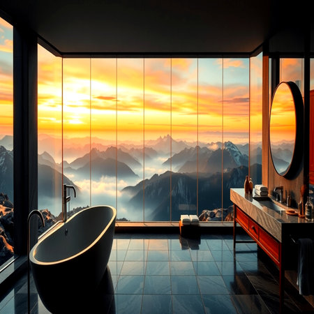 Bathroom interior with panoramic view of the mountains at sunriseの写真素材