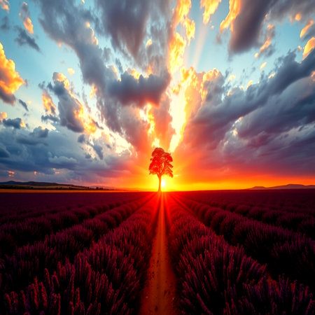 Sunset over lavender field in Provence, France.の写真素材