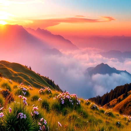 Mountain landscape at sunset. Colorful summer sunrise in the mountainsの写真素材