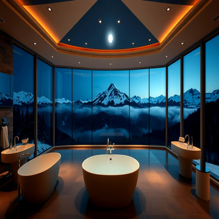 Interior of modern bathroom with panoramic view on snowy mountains. 3D rendering