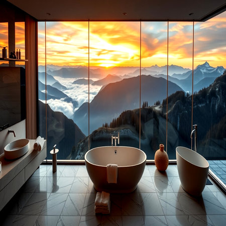 Bathroom interior with panoramic view of the mountains and clouds at sunsetの写真素材