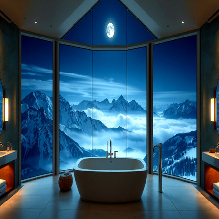Bathroom interior with panoramic view of mountains and clouds