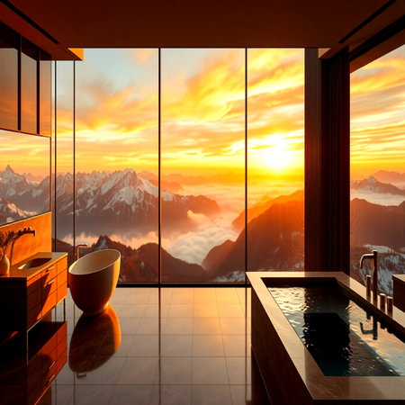 Bathroom interior with panoramic view of the mountains at sunsetの写真素材