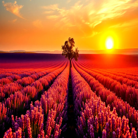 Lavender field at sunset in Provence, France.の写真素材