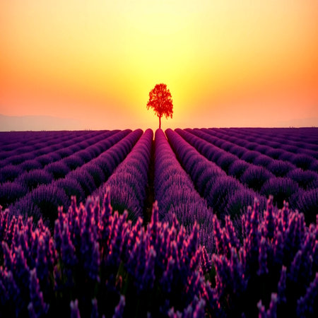 Lavender field at sunset in Provence, France.の写真素材