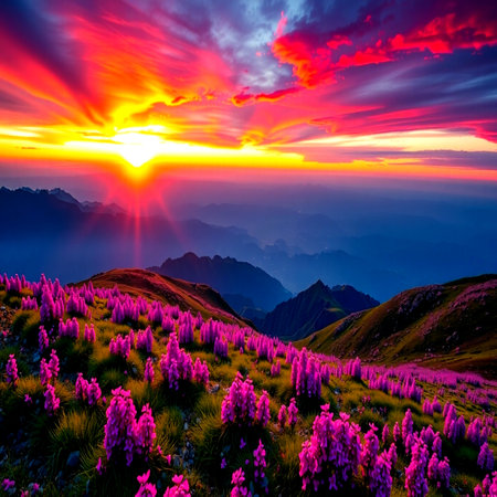 Sunset in the mountains. Colorful summer landscape with pink flowers.の写真素材