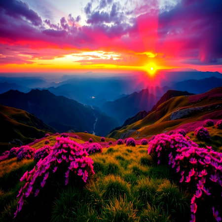 Beautiful sunset over the mountains with pink rhododendron flowersの写真素材