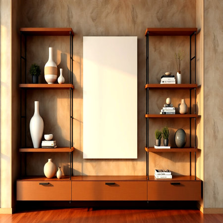 3d illustration of bookshelf with vases and vasesの写真素材