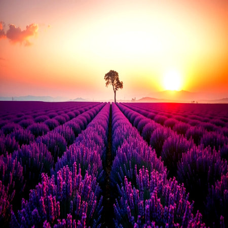 Lavender flower field with lonely tree at sunset, Provence, Franceの写真素材
