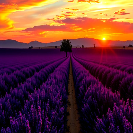 Beautiful sunset over lavender field in Provence, France