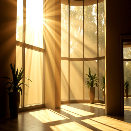Interior of a room with big window, sun rays and plants