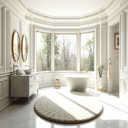 Luxury bathroom interior with bathtub and mirror, 3d render
