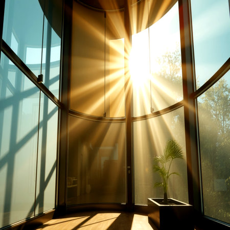 Sunlight in the window of a modern office building. 3d render