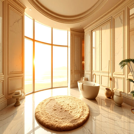 Bathroom with white walls, tiled floor, white bathtub and round mirror in the corner. 3d renderingの写真素材