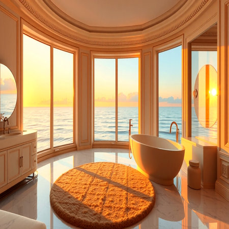 Bathroom in a luxury villa with a view of the seaの写真素材