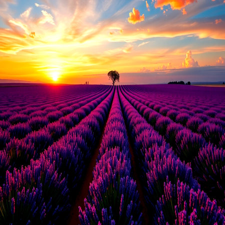 Sunset over lavender fields in Valensole, Provence, Franceの写真素材