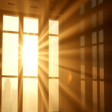 Sun rays through the window in a room with large windows on a sunny day