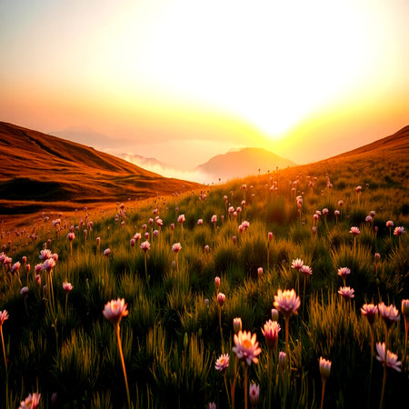 Sunset in the mountains with flowers on the grassland. Landscape.