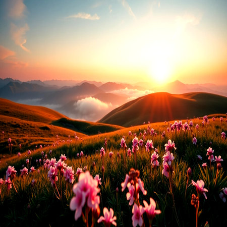 Mountain meadow with flowers at sunset. Beautiful nature landscape.