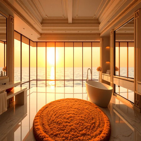 3d render of a modern bathroom with bathtub and window overlooking the seaの写真素材