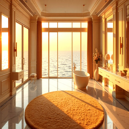 Luxury bathroom with a large window overlooking the sea. 3d renderの写真素材