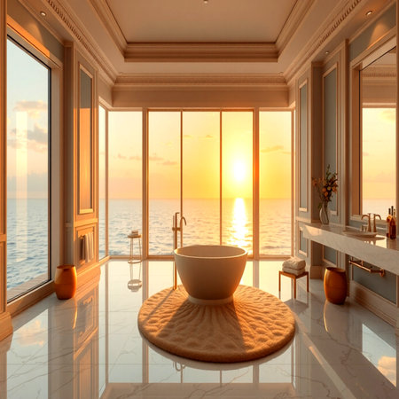 3d render of modern bathroom with bathtub and sea view.