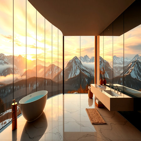 Bathroom with panoramic view of mountains. 3D renderingの写真素材