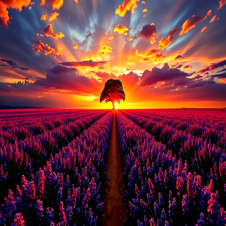 Sunset over lavender field with lonely tree in the middle.