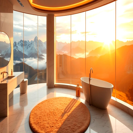 Bathroom interior with panoramic view of mountains. 3D Rendering