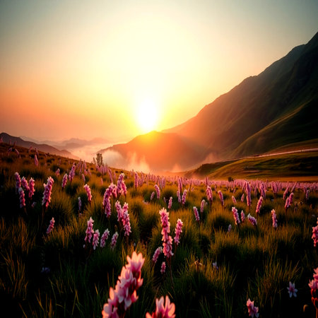 Mountain landscape with flowers at sunset. Colorful summer sunrise.の写真素材