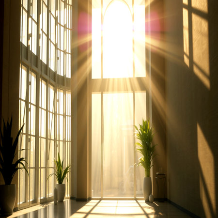 Sunlight through the window of a room with plants. 3d rendering