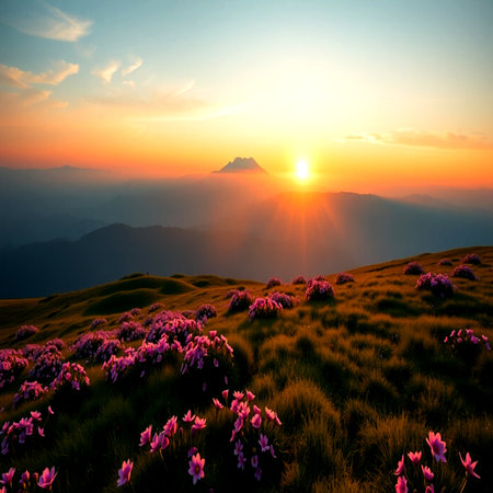 Sunset over the mountain range. Beautiful summer landscape with blooming flowers.の写真素材