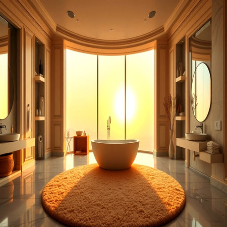 Bathroom interior with bathtub and mirror. 3D renderingの写真素材