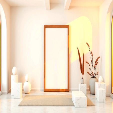 Minimalistic living room interior design with white walls, tiled floor, beige carpet, round wooden...