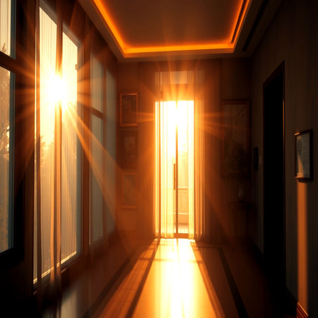Sunset in the corridor of a hotel, 3d render.